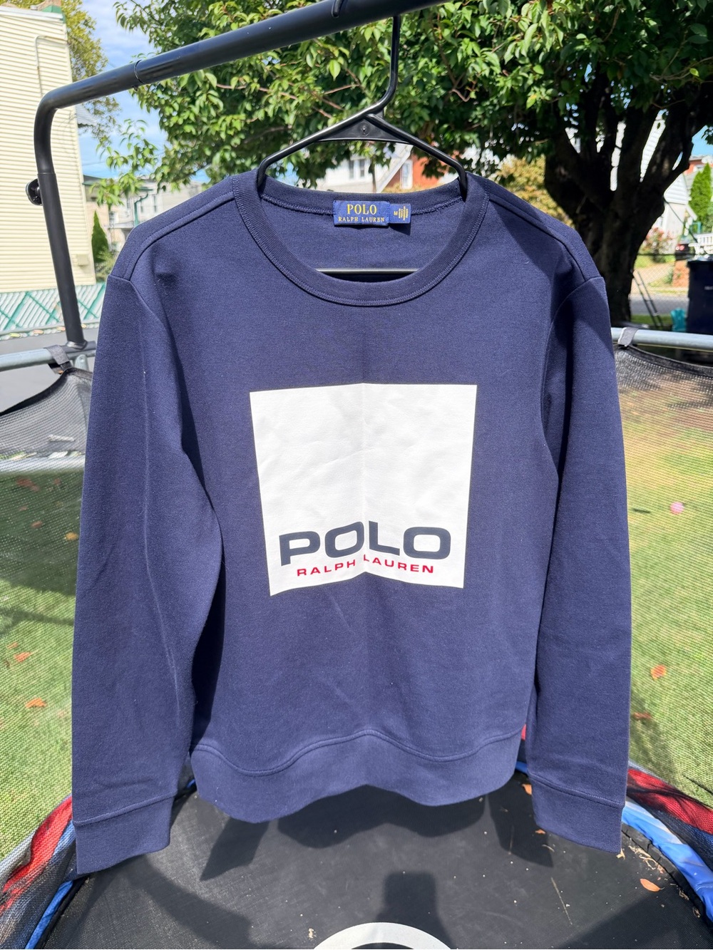 Ralph Lauren Navy Crewneck with White Logo Square and Red Text